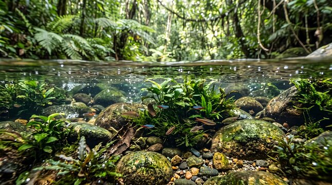 Split view of tropical fish swimming in a clear rainforest stream