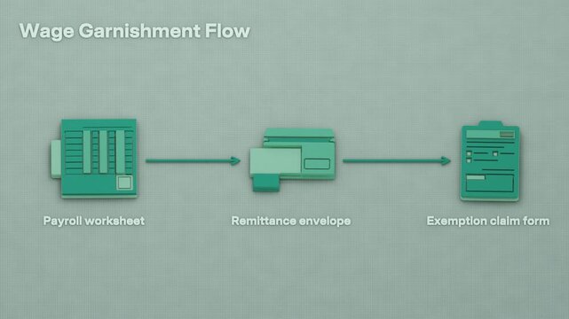 Payroll processes a court order, calculates the wage deduction and sends remittance, retaining a file note alongside exemption paperwork. Flat 3D style; objects labelled in English.