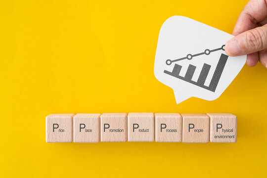 concept of 7ps of marketing mix. Hand hold real white speech bubble paper cut with graph icon and wooden cube block with 7ps text included business icon on yellow background