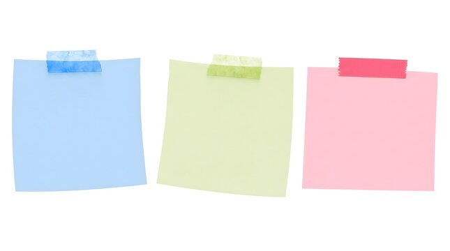 Three colorful sticky notes attached with masking tape colorful reminder stationery reminders adhesion organizer planning management communication information supplies business schedule