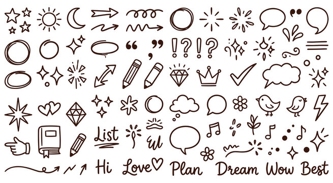 Hand drawn doodle set with various symbols and elements.
