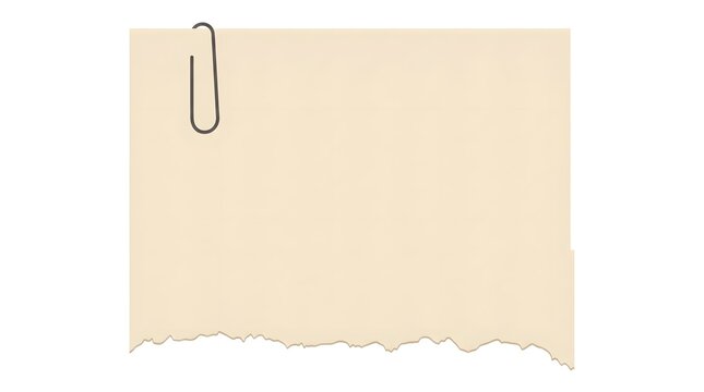 Single piece of light beige torn paper with metal paperclip stationery document clipping fastener minimalist supplies organizer reminder rectangle paperwork attachment