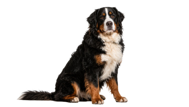 Bernese Mountain Dog sitting attentively, isolated on transparent background