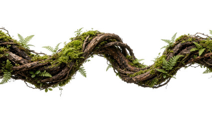 Twisted jungle vine covered in green moss and ferns, isolated on transparent background © Michael