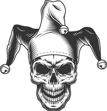 Skull Wearing Jester Hat Black and White Gothic Illustration
