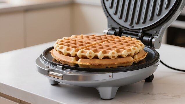 Waffle maker, freshly baked golden Belgian waffles inside an open electric waffle iron on a kitchen counter, emphasizing homemade breakfast, pastry, and appliance baking
