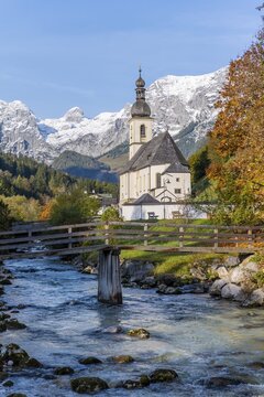 Parish church St. Sebastian with Ramsauer Ache, Ramsau, Berchtesgaden area, Bavaria, Germany