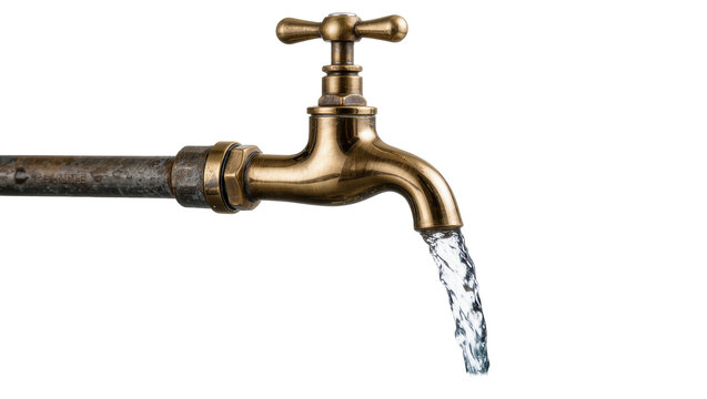 Antique brass water tap with flowing water, isolated on transparent background