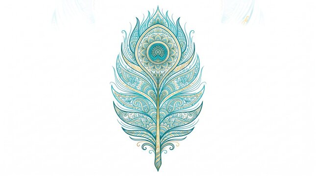 Intricate peacock feather illustration with ornate mandala patterns and elegant teal and gold line art details isolated on white background