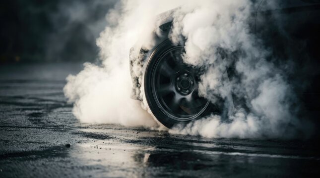 Car Wheel Spinning and Creating Smoke on Wet Asphalt