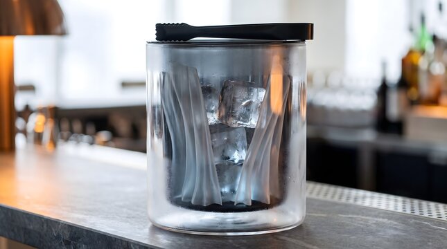 Glass ice bucket on bar counter. Frosted double wall container with ice cubes and black tongs. Restaurant and hospitality equipment
