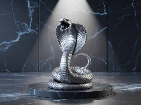 Detailed silver metallic king cobra serpent figurine with open mouth and spread hood, resting on a black marble pedestal under a spotlight in a dark marble luxury interior room.