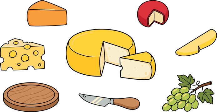 Vector cartoon illustration set of different cheese varieties including gouda cheddar swiss accompanied by a wooden cutting board knife and green grapes