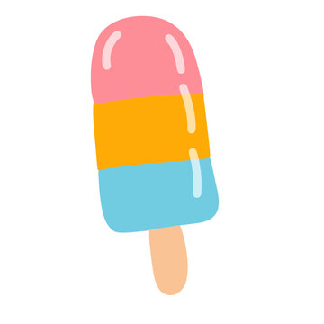 Cute colorful tricolor popsicle vector illustration, kawaii ice pop on wooden stick isolated on transparent background for summer dessert design, kids party, and scrapbooking