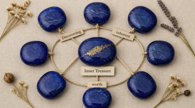 Top down view of blue lapis lazuli gemstones arranged in a circle on linen, connected by twine with text labels Discovering inherent Inner Treasure and worth with dried botanicals.