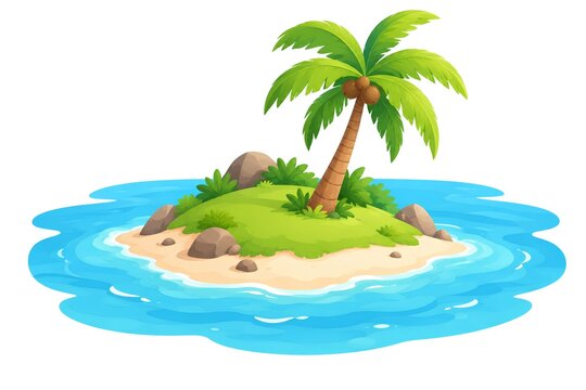 Tiny Tropical Island with Palm Tree Cartoon Illustration