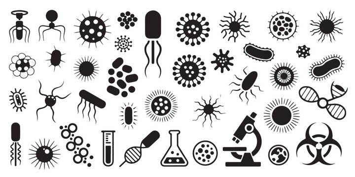 Black silhouette virus and bacteria icons vector set featuring micro organisms cells lab equipment and biohazard symbol for biology research.