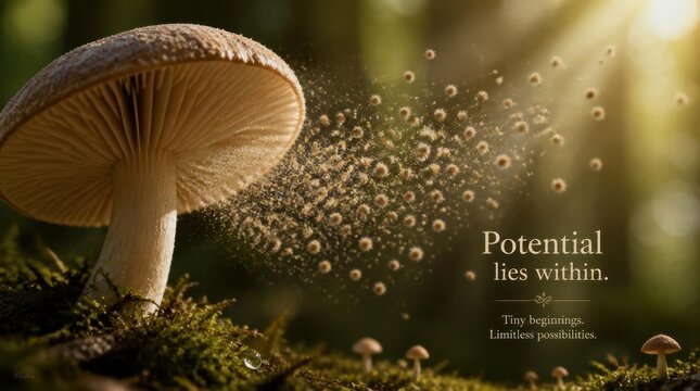 Close-up macro of a wild mushroom cap releasing spores into the air on a mossy forest floor with sunlight beams and motivational text about potential and growth.
