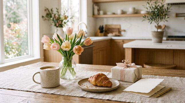 breakfast table still life with tulips coffee croissant gift box and greeting card