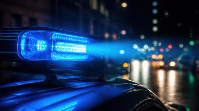 Blue emergency LED light bar flashing on vehicle roof at night. Urban city street setting with bokeh background lights, lens flare, and reflections on car body surface.