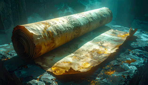 An ancient papyrus scroll rests on a weathered stone altar, evoking mystery and magic. This ethereal scene with no people captures arcane secrets in golden light and swirling mist. Perfect concept.