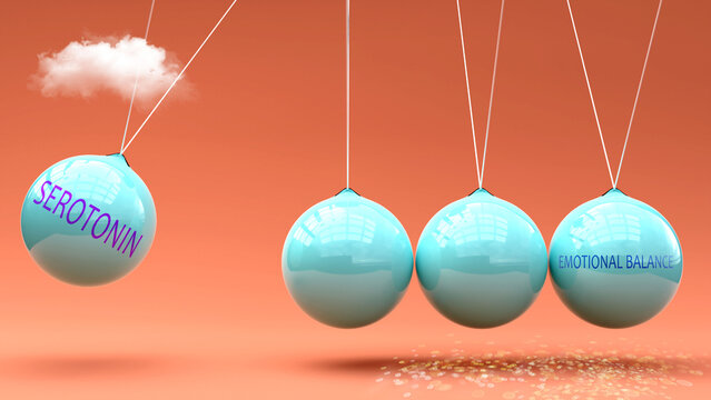 Serotonin produces Emotional Balance. A Newton cradle metaphor in which Serotonin gives momentum to Emotional Balance. Cause and effect relation between them. ,3d illustration