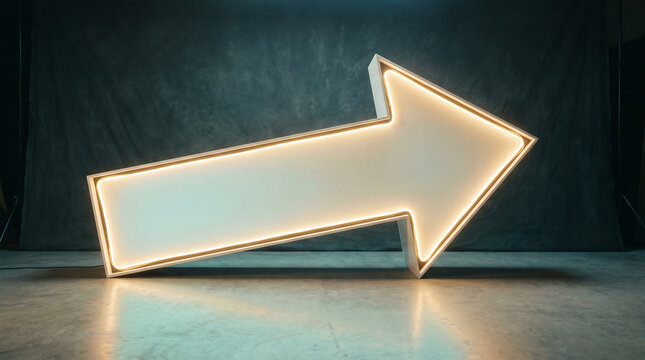 directional arrow sign with warm glowing neon border standing on a studio floor