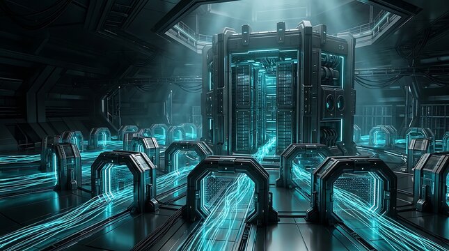 Futuristic quantum computer core in a dark server room, sci-fi data center with glowing blue energy cables, high-tech supercomputer mainframe