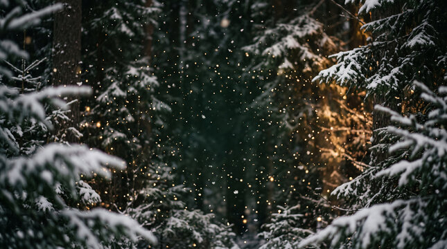 falling snow and golden glowing particles in a magical winter pine forest