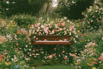Obraz premium Piano surrounded by blooming roses in a dreamy garden
