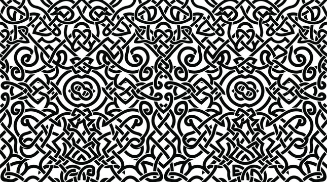 Black and white seamless celtic knot pattern with intricate interlaced geometric lines