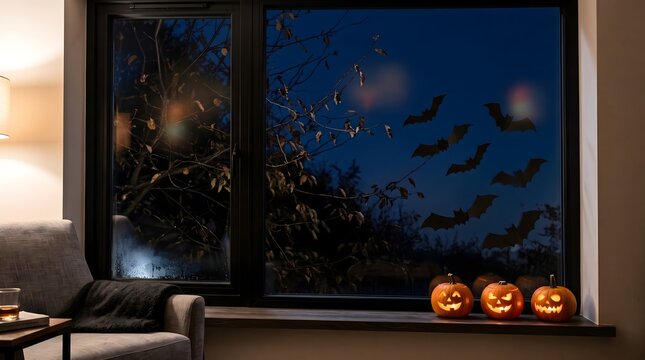 Halloween window decoration with carved glowing pumpkins and flying bats silhouettes at night