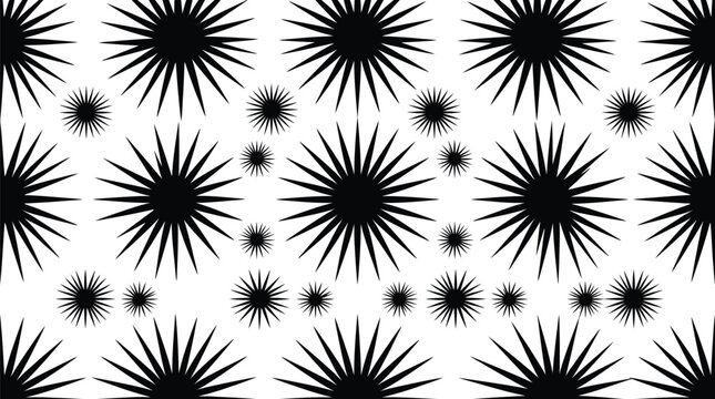 Black and white starburst geometric pattern with repeating sunburst shapes on a clean white background