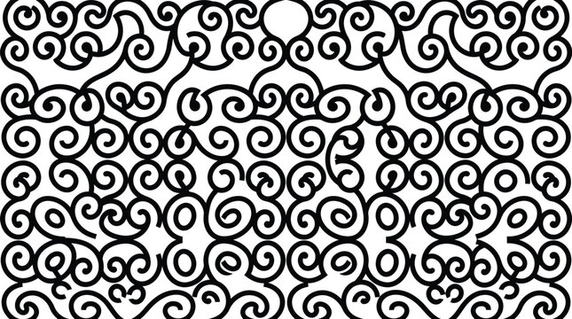 Black and white seamless pattern featuring intricate hand drawn spiral hook shapes on a white background