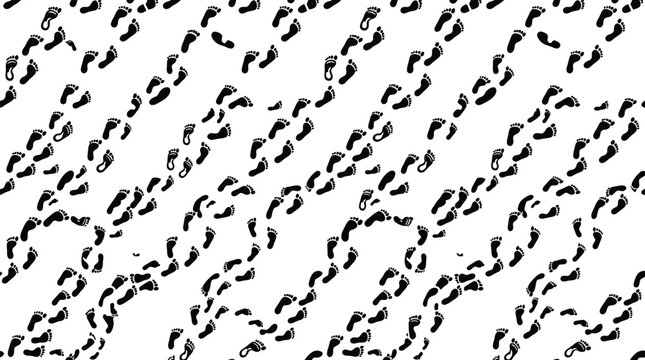 Repeating pattern of black human footprints on a white background for graphic design