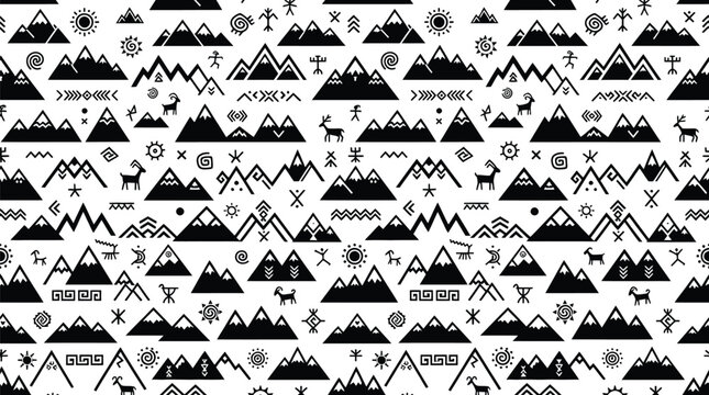 Seamless pattern of black mountain icons and geometric petroglyph symbols on a white background