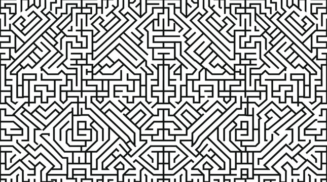 Seamless geometric labyrinth pattern featuring intricate black lines on a white background