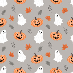 Fototapeta premium Cute Halloween vector seamless pattern with jack-o-lantern pumpkins, friendly ghosts, and autumn leaves on neutral grey background for party decor, apparel, and wallpaper.