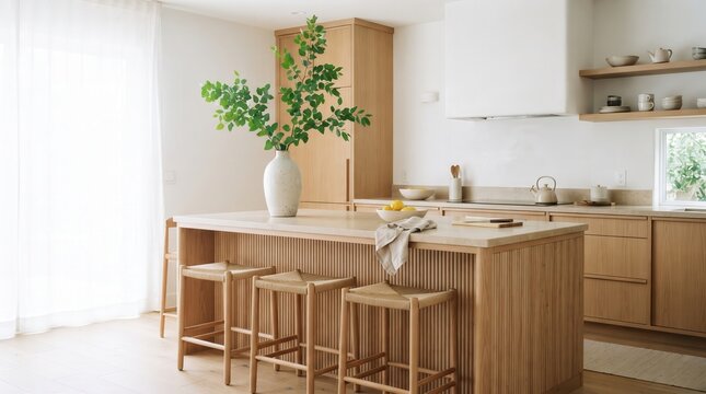 Modern oak kitchen island with fluted wood paneling and woven bar stools, featuring airy Japandi style interior design with natural light for real estate and home renovation marketing.