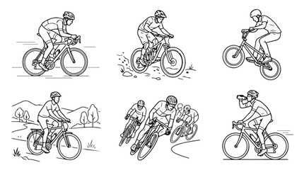 Fototapeta premium Male Cyclists Riding Bicycle Poses Line Art Vector Set 