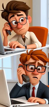Animated men on phone working, experiencing business stress. Two cartoon office workers communicate on their phones with concerned expressions on a split screen