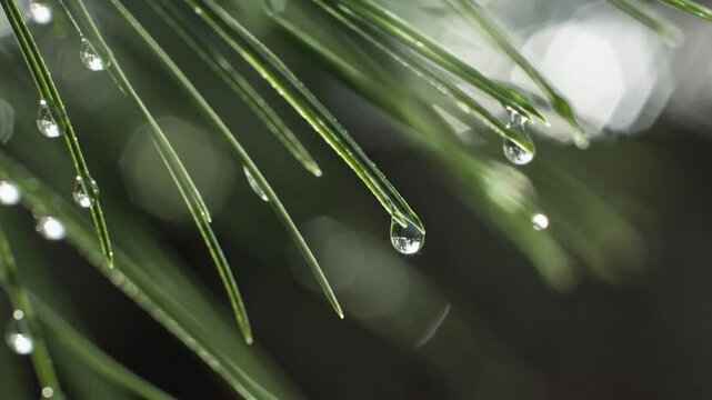 Tiny dew droplets covering green pine needles with realistic breeze movement, detailed forest texture, cinematic macro photography, cool morning light and soft natural bokeh