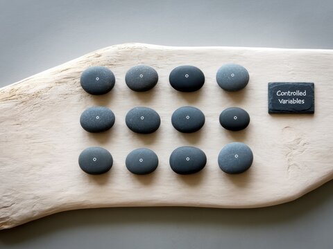 Top-down view of twelve smooth dark grey stones in a 3x4 grid on light driftwood with a small slate sign reading Controlled Variables against a neutral grey surface.
