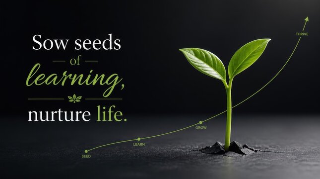 Young green plant sprout growing from dark soil surface with text Sow seeds of learning, nurture life and an upward growth chart line labeled seed, learn, grow, and thrive.