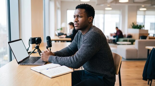 Dedicated young professional using a laptop and microphone for remote work or content creation in a modern open-plan office
