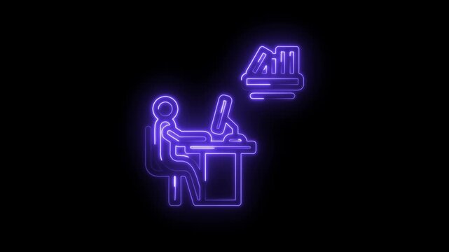Glowing neon silhouette of a person working at a desk with a computer and a stack of books on icon