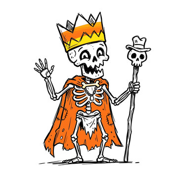 Cartoon skeleton king waving with crown and scepter