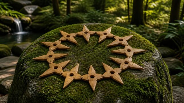 Bamboo shuriken throwing stars arranged in a circular pattern on a moss-covered rock within a lush green forest featuring a small waterfall background and natural light.