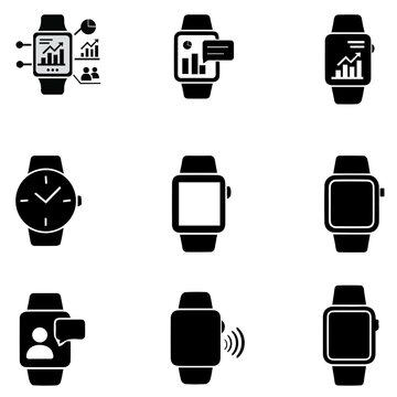 Smartwatch Technology Vector Icon Set, Wearable Fitness Tracker Smart Bracelet Silhouette Collection, Modern Electronic Device UI UX Graphic Symbols, Cut File SVG PNG EPS DXF