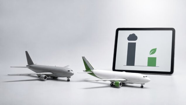 air freight logistics tracking. Two model airplanes face a screen showing a graph with an eco-friendly leaf symbol.